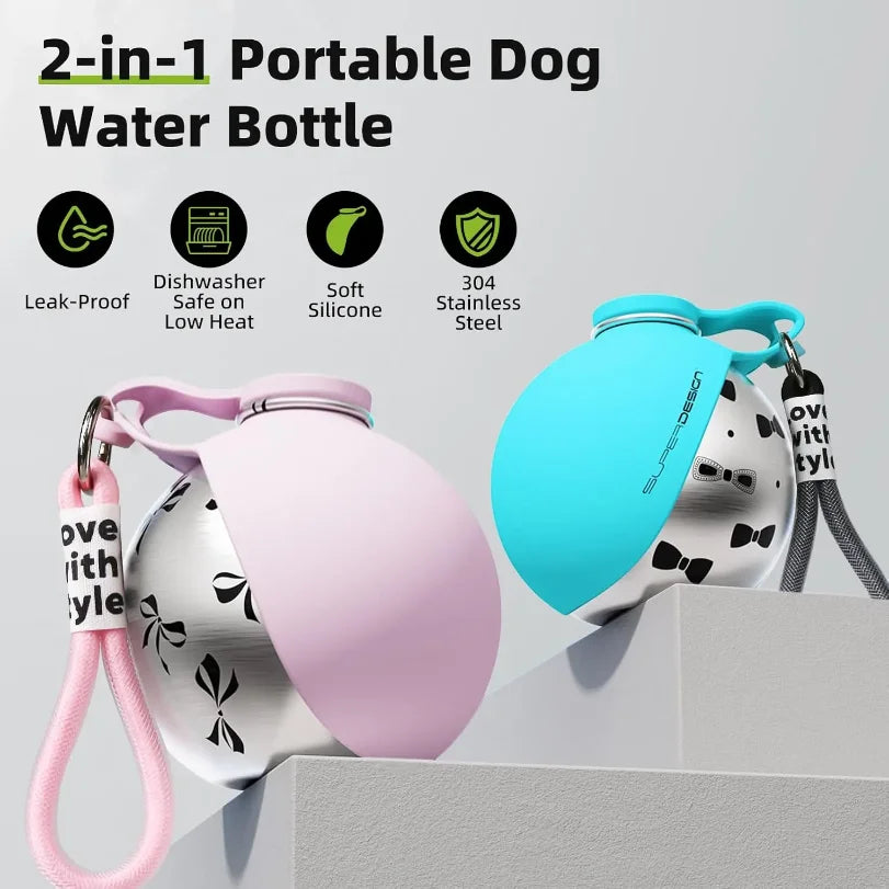 Portable Dog Water Bottle – Leakproof Travel Bottle with Foldable Bowl